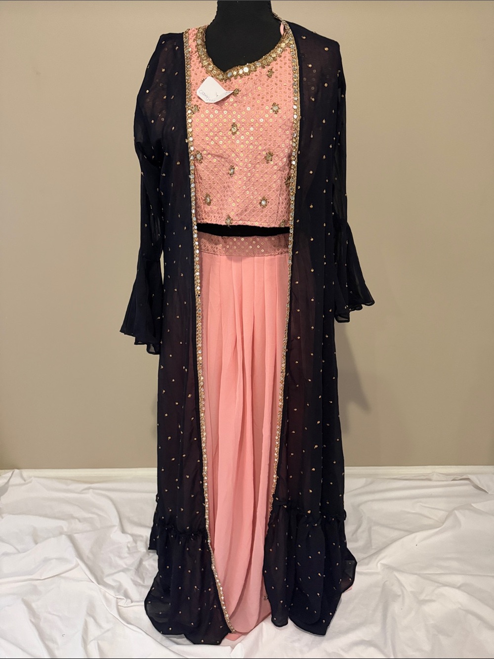 Elegant Pink Embellished Lehenga with Navy Ruffle Jacket Overlay